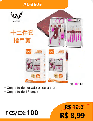 Conjunto de cortadores de unhas PCS/CX: 100 R$ 8,99