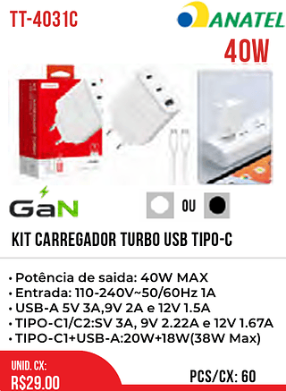 KIT Carregador TURBO USB TIPO-C 60pç=29$