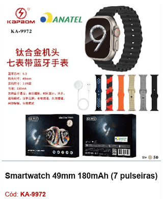 Smartwatch 49mm 180mAh (7 pulseiras) R$58,5 PCS/Cx:50