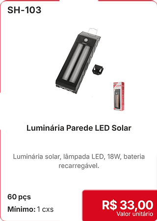 Luminaria Parede LED Solar 60 pçs R$ 33,00