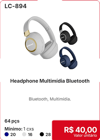 Headphone Multimidia Bluetooth 64 pçs R$ 40,00