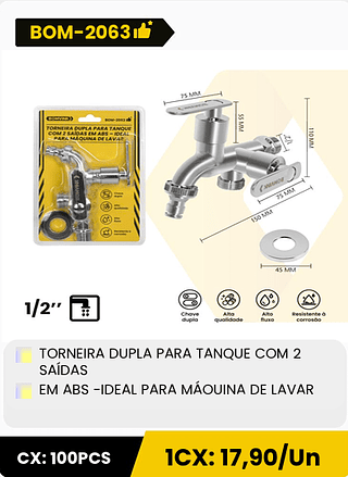 TORNEIRA DUPLA PARA TANQUE COM 2 SAÍDAS EM ABS -IDEAL PARA MAOUINA DE LAVAR CX: 100PCS 1CX: 17,90/Un
