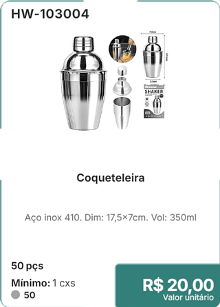 Coqueteleira 50 pçs R$ 20.00