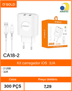Kit carregador iOS3.1A Caixa 300 PCS Preco Unitario 7,29