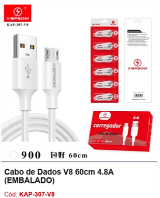 Cabo de Dados V8 60cm 4.8A R$ 2,25 PCS/Cx:900