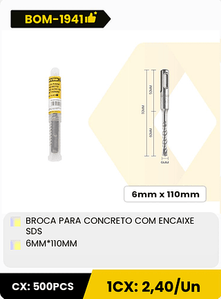 BROCA PARA CONCRETO COM ENCAIXE SDS 6MM*110MM CX: 500PCS 1CX: 2,40/Un