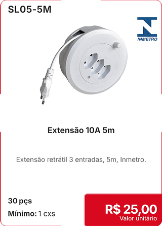 Extensão 10A 5m 30 pçs R$ 25.00