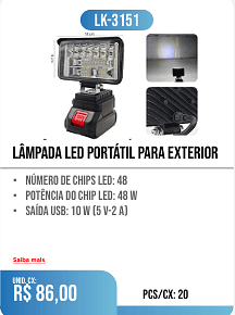 LÂMPADA LED PORTÁTIL PARA EXTERIOR UNID. CX: r$ 86,00 PCS/CX: 20