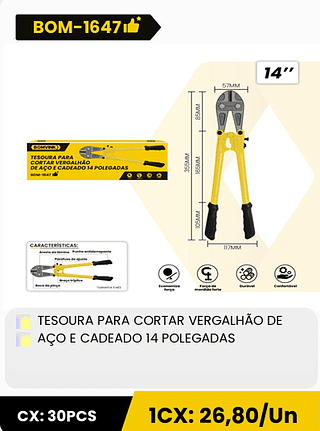 TESOURA PARA CORTAR VERGALHÃO DE AÇO E CADEADO 14 POLEGADAS CX: 30PCS 1CX: 26,80/Un