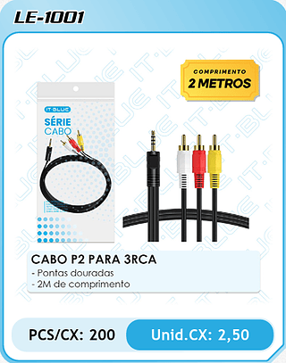 CABO P2 PARA 3RCA - Pontas douradas - 2M de comprimento PCS/CX: 200 Unid.CX: 2,50