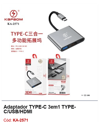 Adaptador TYPE-C 3em1 TYPEC/USB/HDMI R$ 14,4 PCS/CX:100