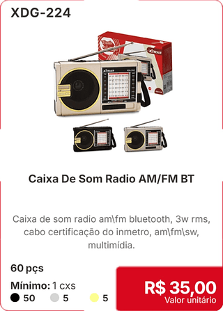 Caixa De Som Radio AM/FM BT 60 pçs R$ 35,00