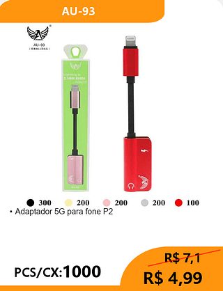 Adaptador 5G para fone P2 PCS/CX:1000 R$ 4,99
