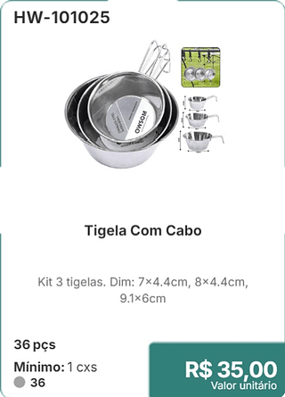 Tigela Com Cabo 36 pçs R$ 35,00