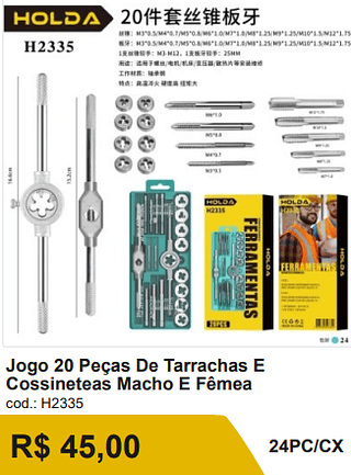 Jogo 20 Peças De Tarrachas E Cossineteas Macho E Fêmea R$ 40.50 24PC/CX