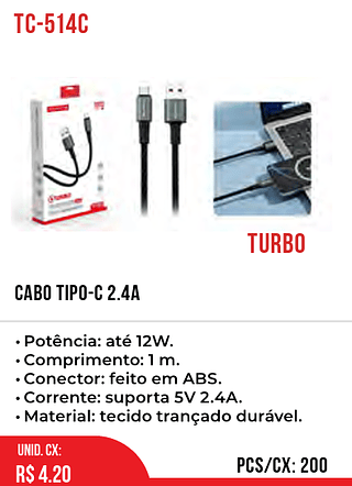 Cabo Tipo-c 2.4A 200pç=4,2$