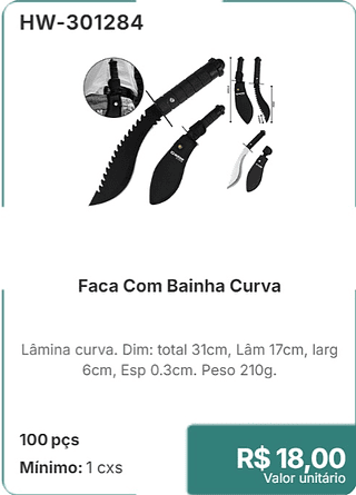 Faca Com Bainha Curva 100 pçs R$ 18.00