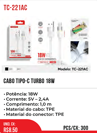 CABO TIPO-C TURBO 18W 300pç=8,5$