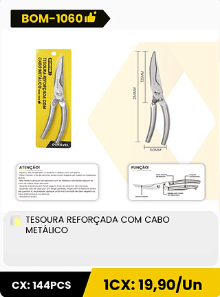 TESOURA REFORÇADA COM CABO METÁLICO CX: 144PCS 1CX: 19,90/Un