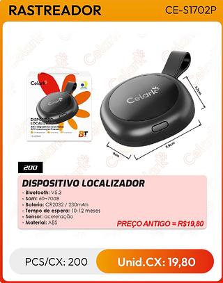 DISPOSITIVO LOCALIZADOR - Bluetooth: V5.3 - Som: 60~70dB - Bateria: CR2032 / 230mAh - Tempo de espera: 10-12 meses - Sensor: aceleração - Material: ABS200pç=19.8$