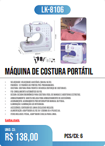 MáQUINA DE COSTURA PORTáTIL PCS/CX: 6 UNID. CX: r$ 138,00