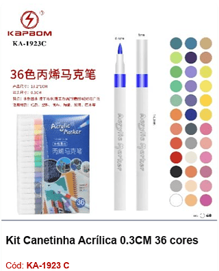 Kit Canetinha Acrílica 0.3CM 36 cores R$ 10,8 PCS/Cx: 60