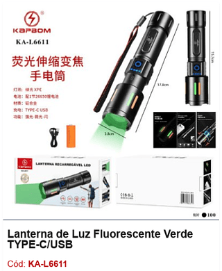 Lanterna de Luz Fluorescente Verde TYPE-C/USB R$ 25,2 PCS/CX: 100