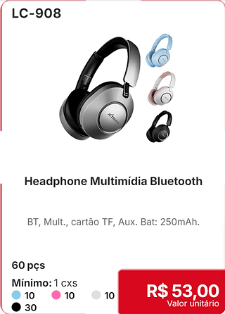 Headphone Multimídia Bluetooth 60 pçs R$ 53.00