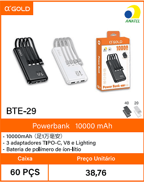 Powerbank10000 mAh Caixa 60 PCS Preco Unitario 38,76