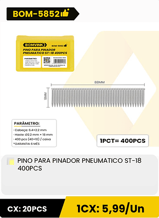 PINO PARA PINADOR PNEUMATICO ST-18 400PCS CX: 20PCS 1CX: 5,99/Un