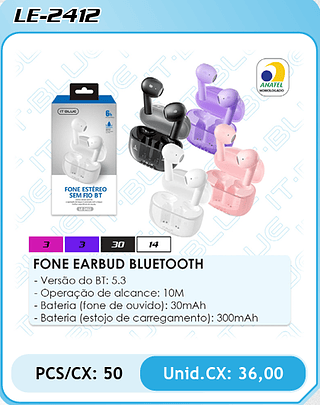 FONE EARBUD BLUETOOTH PCS/CX: 50 Unid.CX: 36,00