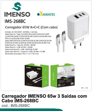 Carregador IMENSO 65w 3 Saídas com Cabo 100PC/CX R$33,3