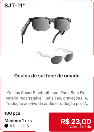 Óculos de sol fone de ouvido 100 pçs R$ 23,00