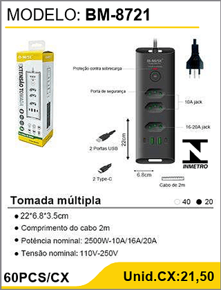 Tomada múltipla 60PCS/CX Unid.CX:21,50