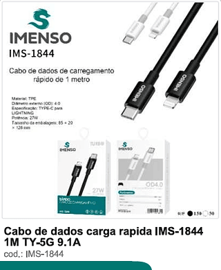 Cabo de dados carga rápida 1M TY-5G 9.1A 200PC/CX R$5,4