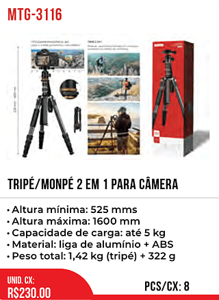 TRIPÉ/MONPÉ 2 EM 1 PARA CÂMERA 8pç=230$
