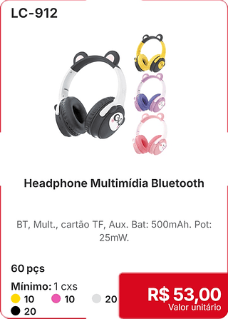 Headphone Multimidia Bluetooth 60 pçs R$ 53,00