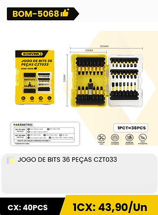 JOGO DE BITS 36 PEÇAS CZT033 CX: 40PCS 1CX: 43,90/Un