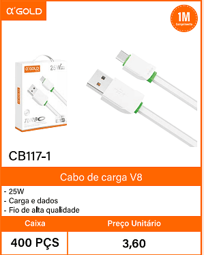 Cabo de carga V8 25W - Caixa 400 PCS Preco Unitario 3,60