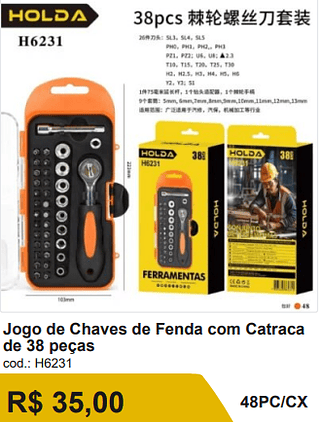 Jogo de Chaves de Fenda com Catraca de 38 peças R$ 31.50 48PC/CX