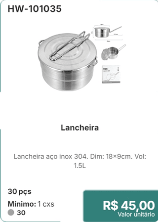 Lancheira 30 pçs R$ 45,00