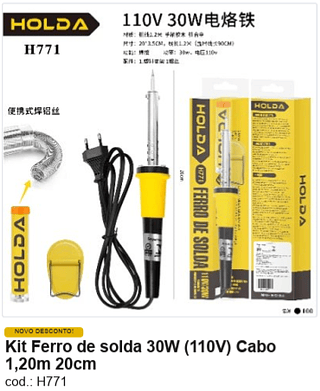 Kit Ferro de solda 30W (110V) Cabo 1,20m 20cm R$ 10,8 PC/CX:100