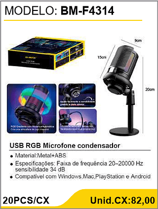 USB RGB Microfone condensador 20PCS/CX Unid.CX:82,00