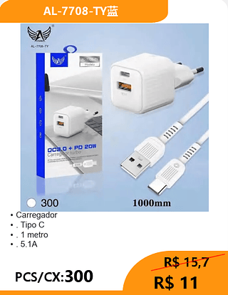 Carregador TIPO-C PCS/CX:300 R$ 11