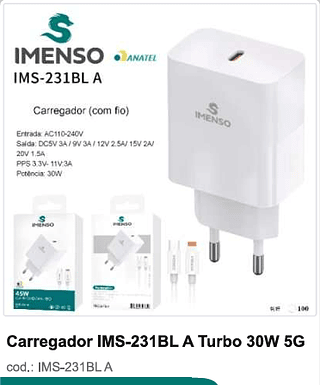 Carregador Turbo 30W 5G 100PC/CX R$19,8