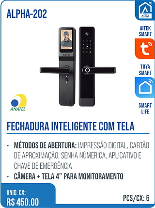 FECHADURA INTELIGENTE COM TELA UNID. CX: R$ 450.00 PCS/CX: 6