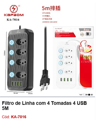 Filtro de Linha com 4 Tomadas 4 USB 5M R$ 32,4 PCS/Cx:60