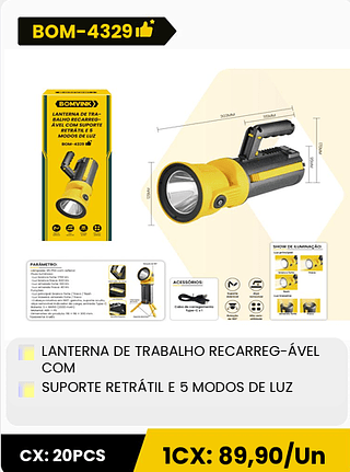 LANTERNA DE TRABALHO RECARREG-ÁVEL COM SUPORTE RETRÁTIL E 5 MODOS DE LUZ CX: 20PCS 1CX: 89,90/Un