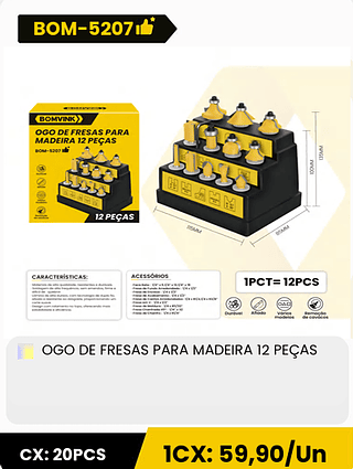 OGO DE FRESAS PARA MADEIRA 12 PEÇAS CX: 20PCS 1CX: 59,90/Un