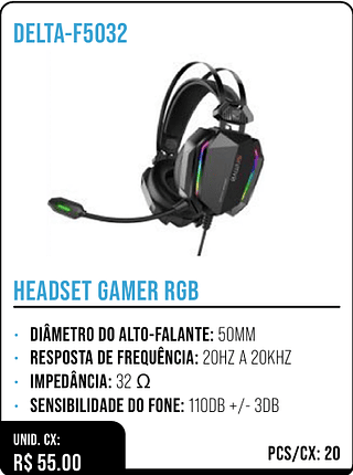 HEADSET GAMER RGB UNID. CX: R$ 55.00 PCS/CX: 20